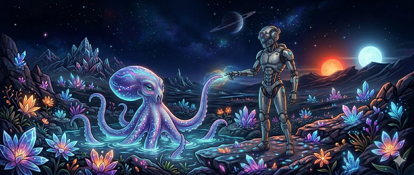 A hexapus reaching toward an AI across a tide pool, beneath twin suns and a ringed planet.